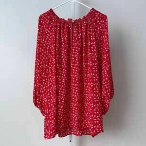 Max Studio 3X Red Floral Blouse Ruffle Neck Cottage Peasant Top Shabby